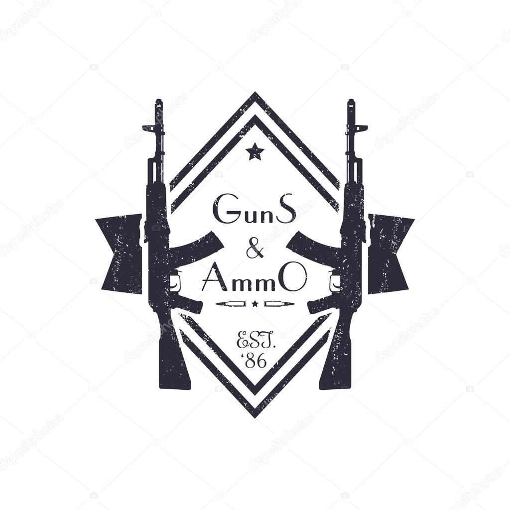 Guns and ammo, vintage grunge logo with automatic rifle