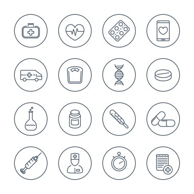 Medicine, health care, pharmaceutics, hospital, line icons in circles