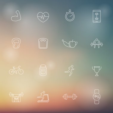 fitness, spor salonu, bulanıklık arka plan üzerinde beyaz simgeler eğitim 16 hat