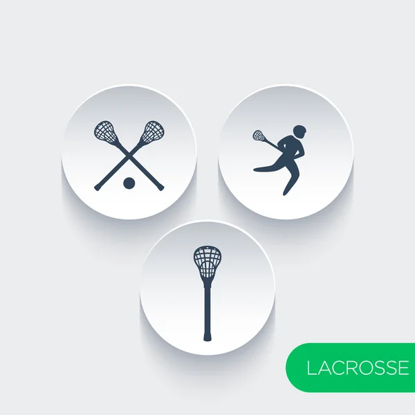Lacrosse, bastone, crosse, icone su forme rotonde 3d — Vettoriale Stock