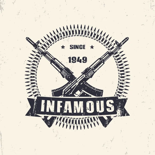 Infamoso desde 1949, emblema grunge vintage, sinal, design de t-shirt — Vetor de Stock