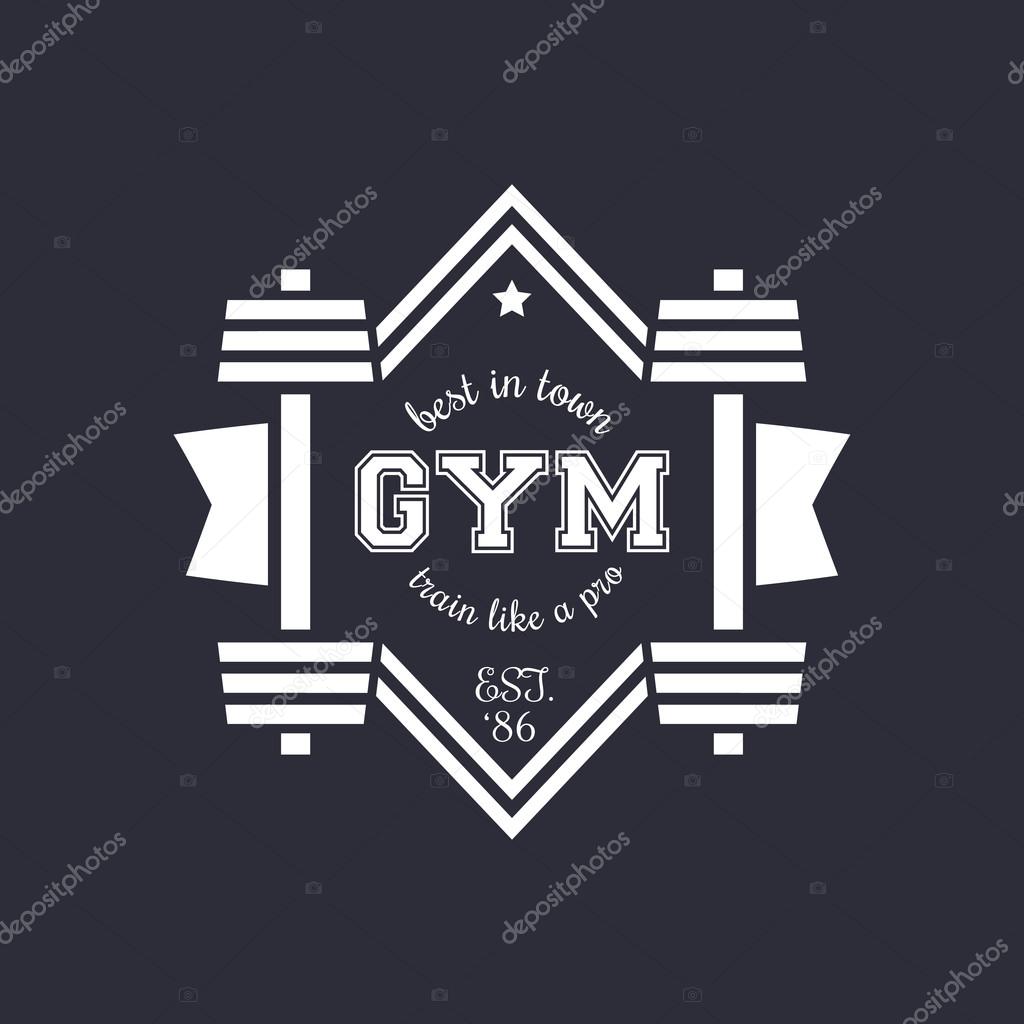 White vintage gym logo with barbells, vector illustration, eps10, easy to edit