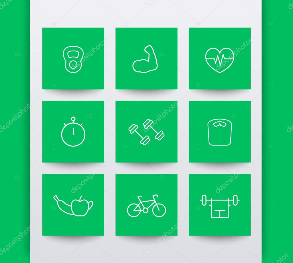 Line white fitness icons in green squares, vector illustration, eps10, easy to edit