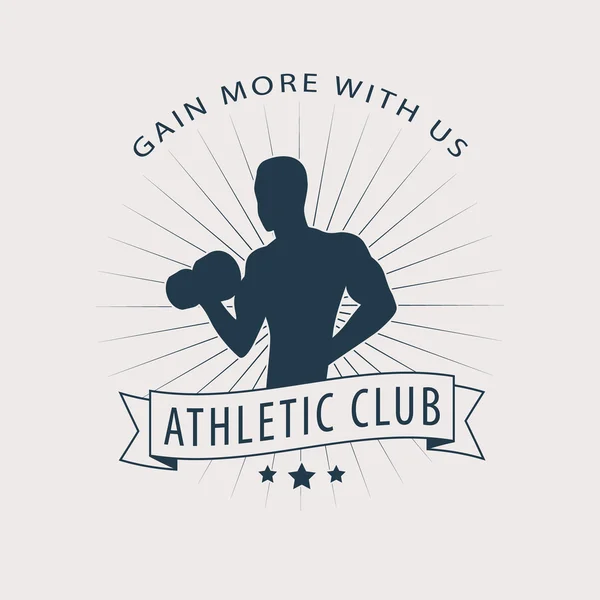 Ganar más con nosotros emblema con el atleta posando — Archivo Imágenes Vectoriales