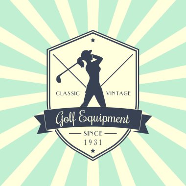 Golf ekipman vintage amblemi, rozet, golf kulüp sallanan dişi golfçü logolu