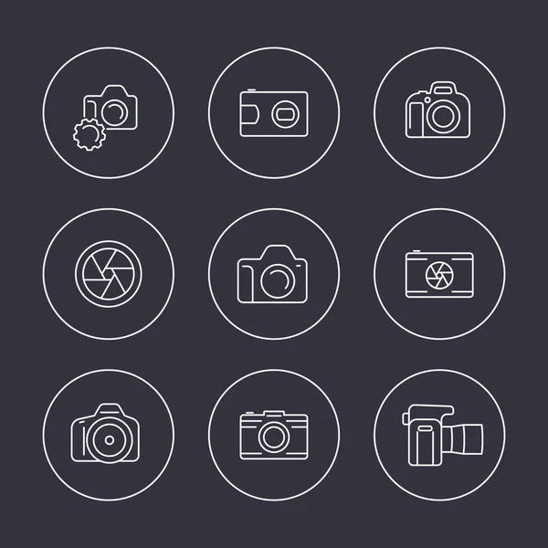 Fotoaparát, dslr, bránice, fotografie linie ikony v kruzích — Stockový vektor