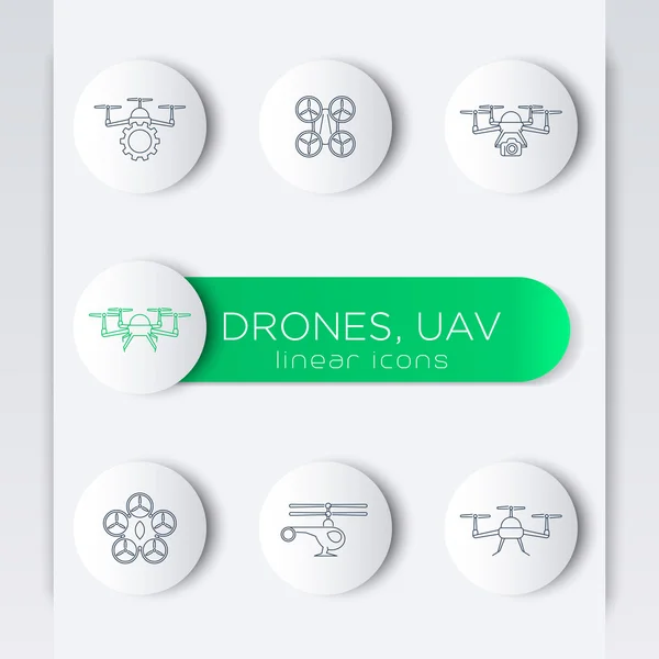 Drone, quadrocopter, uav, copter, lineal redondo iconos modernos — Vector de stock
