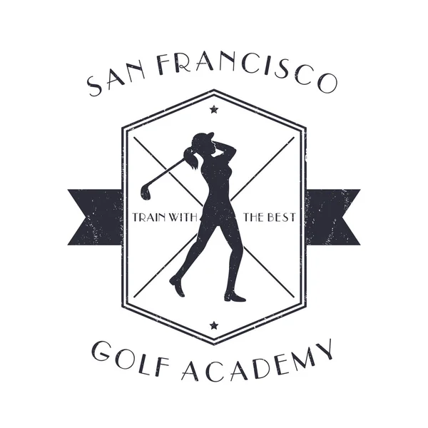 Винтажная эмблема Академии гольфа с игроком в гольф, размахивающим клюшкой для гольфа, гранж-текстурой — стоковый вектор