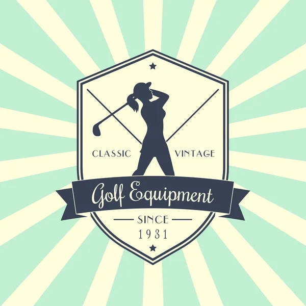 Golf ekipman vintage amblemi, rozet, golf kulüp sallanan dişi golfçü logolu — Stok Vektör