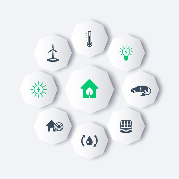 Casa ecológica verde, ecofriendly, tecnologias de poupança de energia, ícones modernos octógonos — Vetor de Stock