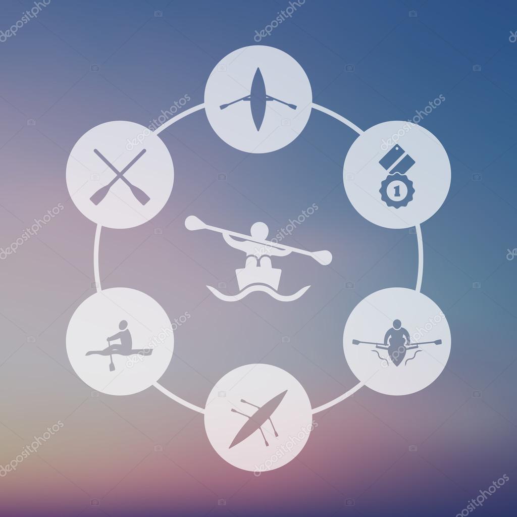Rowing, kayak, canoe, rower, oar round icons on blur background, vector illustration, eps10, easy to edit