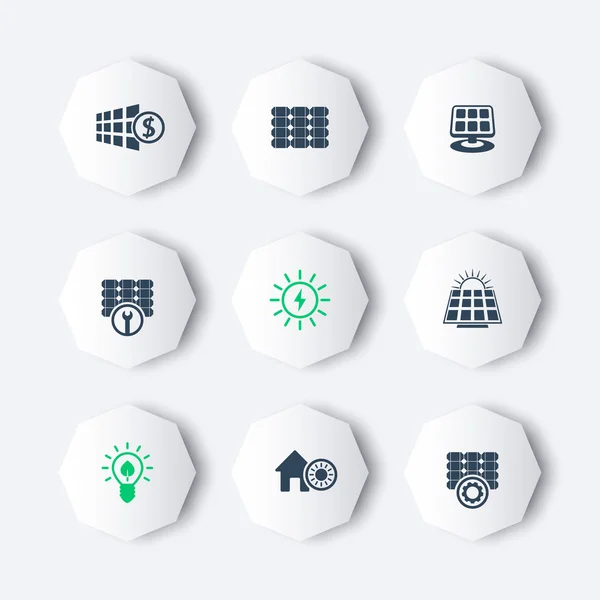 Energía solar, paneles, planta, iconos del octágono — Vector de stock