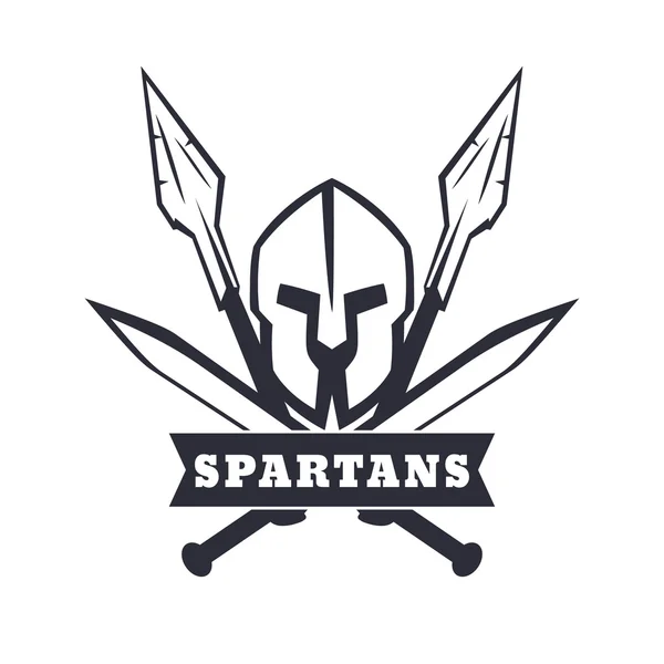Espartanos emblema con casco, espadas cruzadas y lanzas — Vector de stock