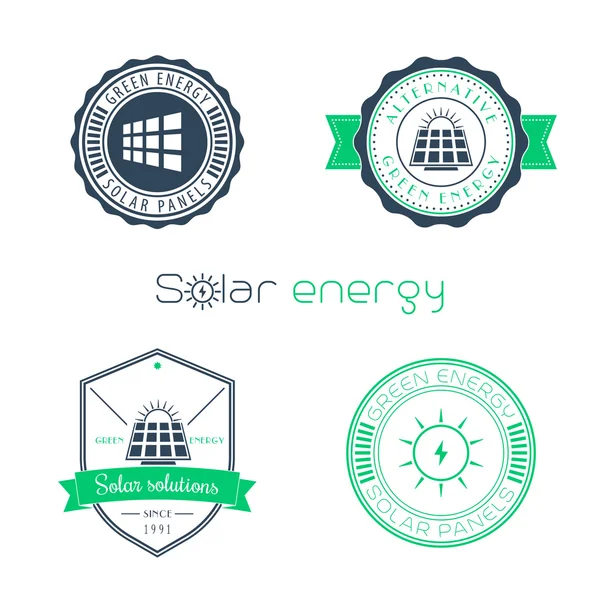 Güneş enerjisi logo, amblem, işaretler, yuvarlak kalkan üzerinde — Stok Vektör
