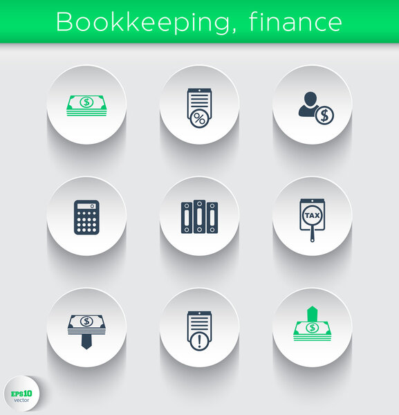 Bookkeeping, finance icons on round 3d shapes