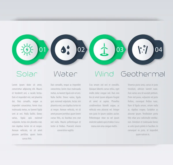 Soluciones de energía alternativa, solar, eólica, elementos infográficos, línea de tiempo — Archivo Imágenes Vectoriales