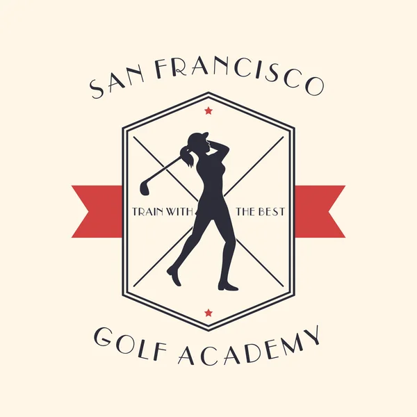 Kız golf oyuncu golf kulüp sallanan ile Golf Akademisi vintage amblemi — Stok Vektör