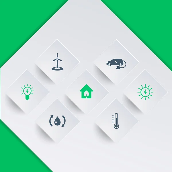 Zielony, ekologiczny dom, ekologia, energooszczędne technologie ikony na kwadratowe kształty — Wektor stockowy