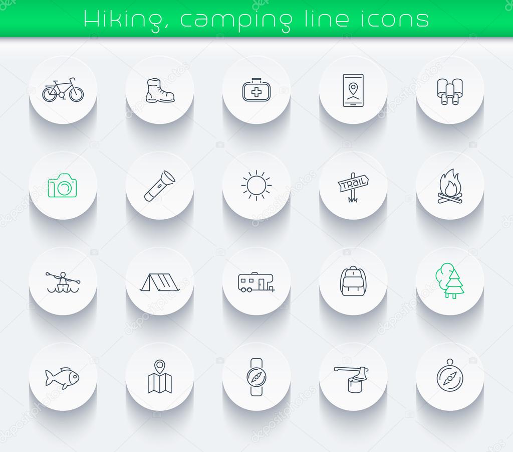 Hiking, Camping, Trekking, Adventure line round icons