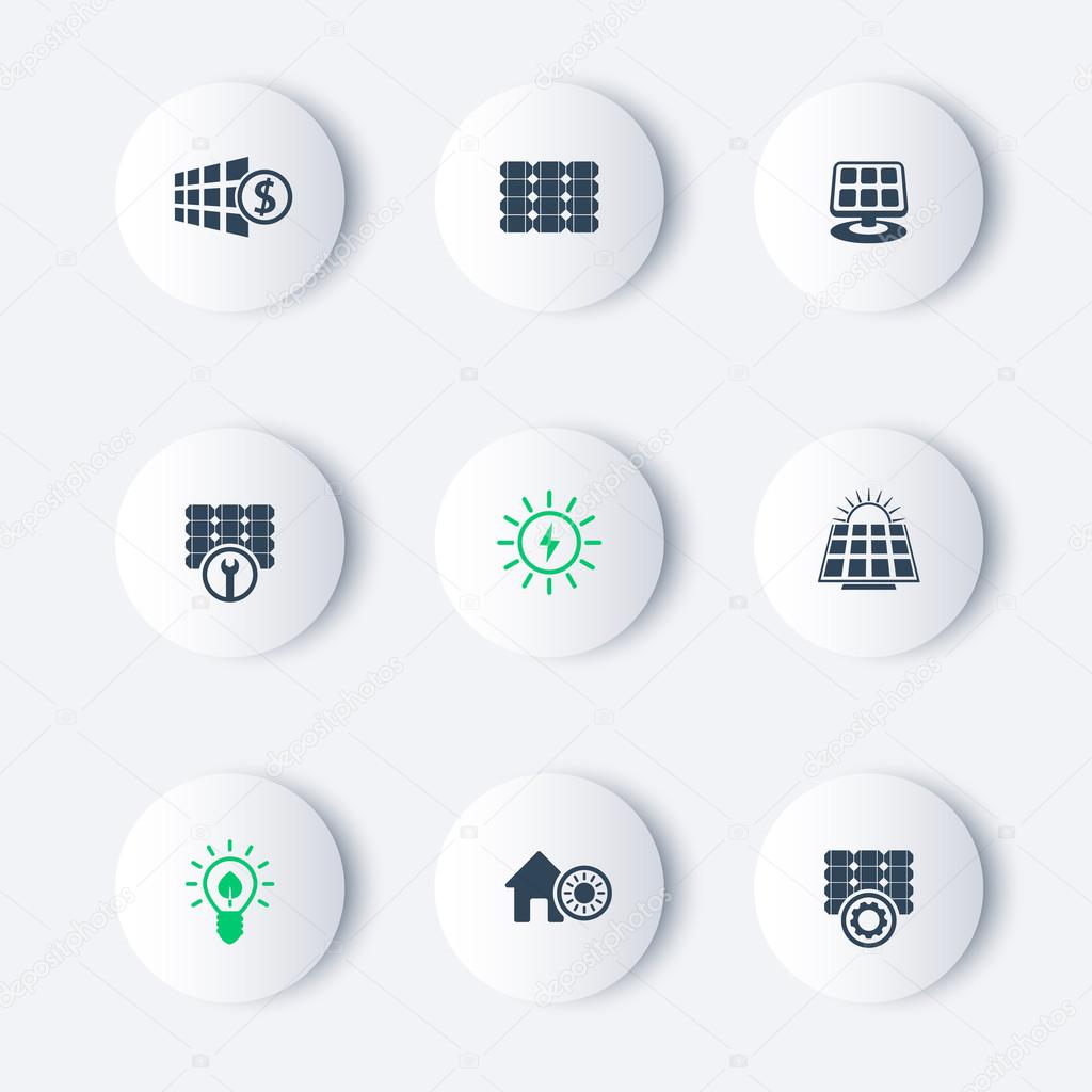 Solar energy, panels, plant round modern icons