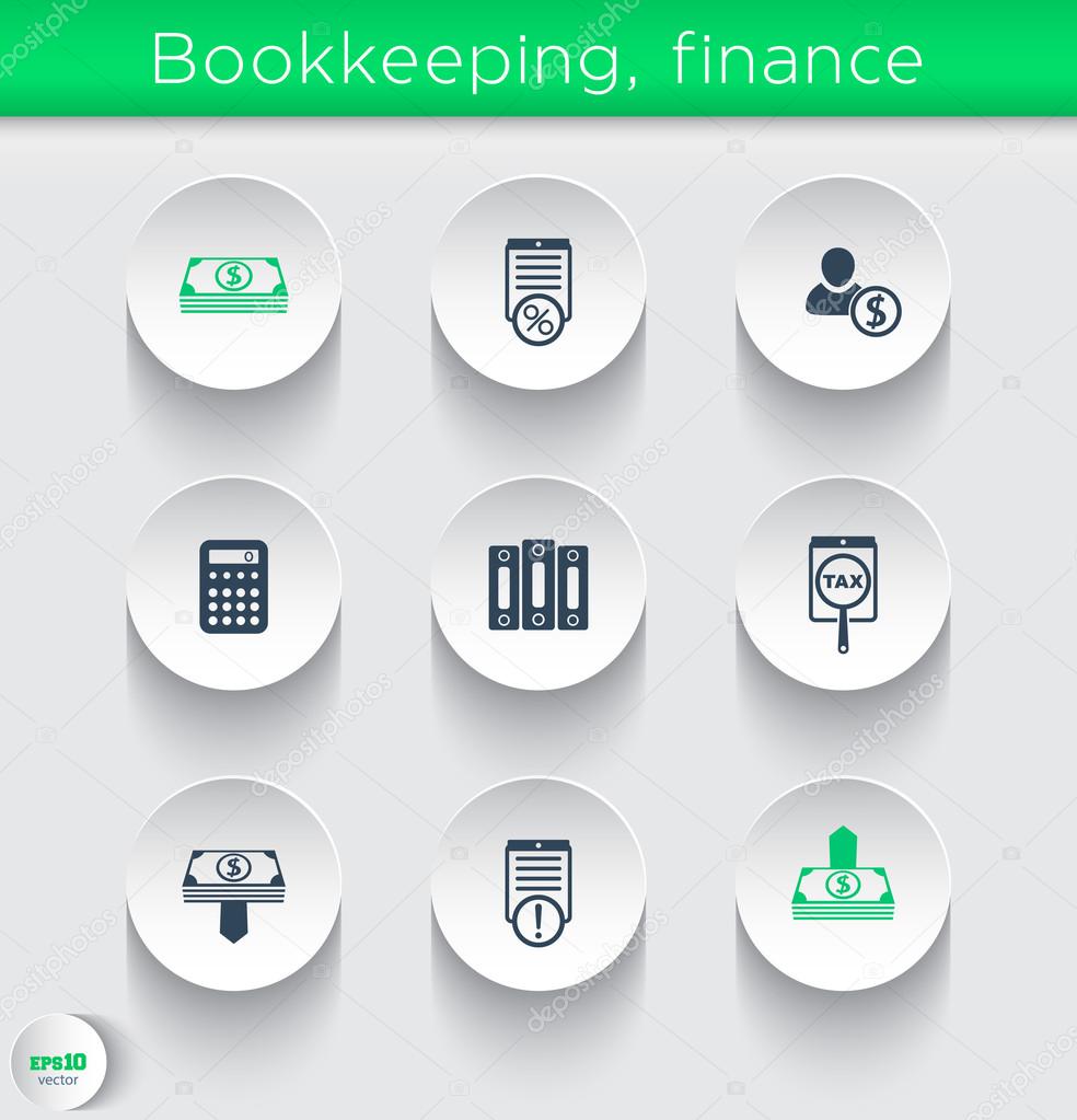 Bookkeeping, finance icons on round 3d shapes
