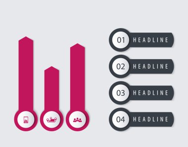 Business infographic elements, timeline, step labels, 1 2 3 4, charts in dark grey and pink