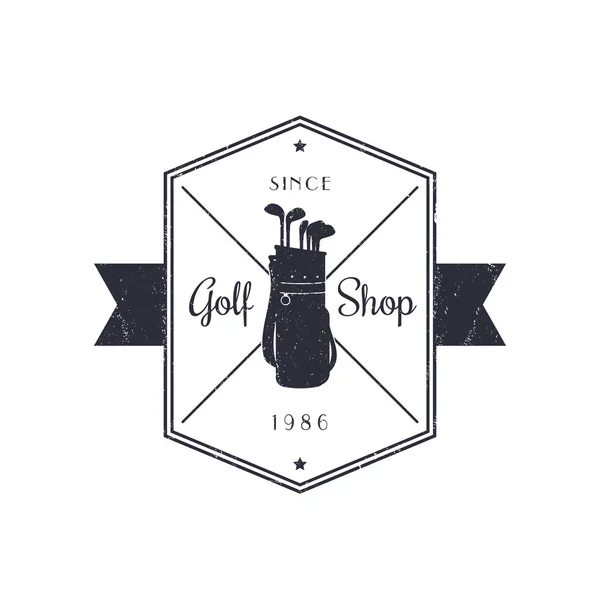 Golf Shop emblème grunge vintage avec sac de golf et clubs — Image vectorielle