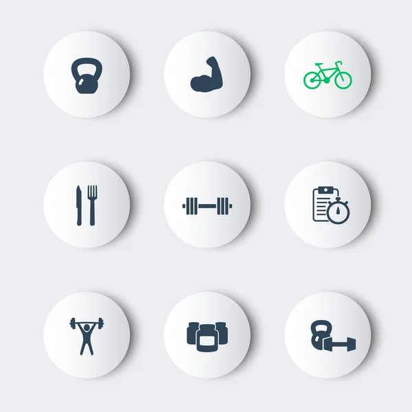 Fitness, sport, gym round modern icons with shadows — Stock vektor