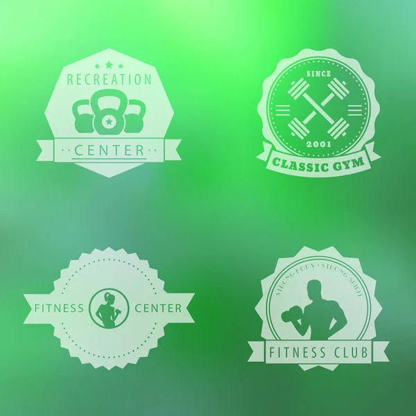 Aptitud, centro de recreación, logotipo de la vendimia del gimnasio, emblemas, signos en el fondo borroso verde — Archivo Imágenes Vectoriales