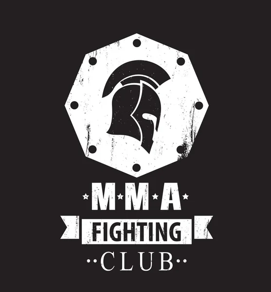 Emblema grunge MMA Fighting Club con casco spartano, in bianco e nero — Vettoriale Stock