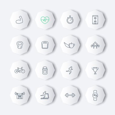 16 fitness, gym, training line octagon icons