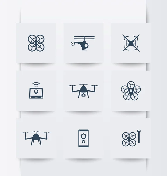 Drohnen, Quadrocopter, Copter und moderne Symbole — Stockvektor