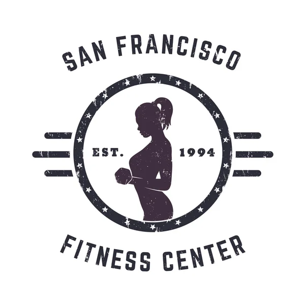 Round Vintage emblem, logo with exercising girl, with grunge texture — ストックベクタ