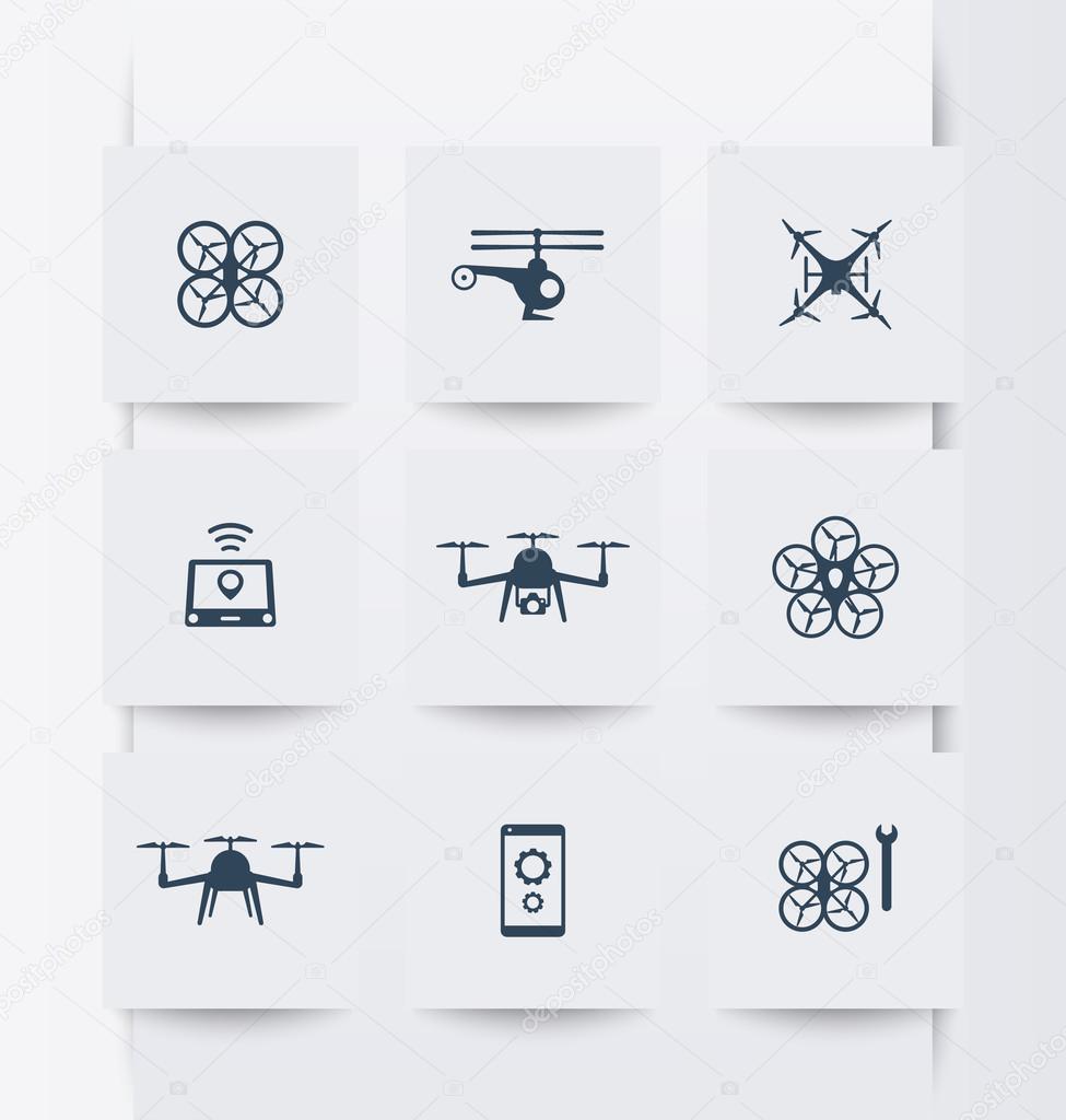 Drones, Quadrocopter, Copters square modern icons, vector illustration, eps10, easy to edit