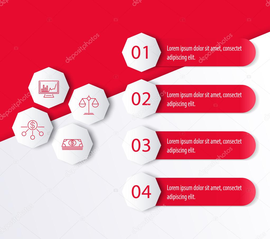 Investment, infographic elements, icons, option, steps labels in red