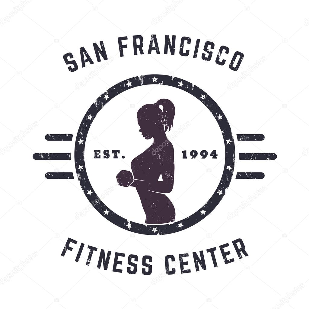 Round Vintage emblem, logo with exercising girl, with grunge texture, vector illustration, eps10, easy to edit