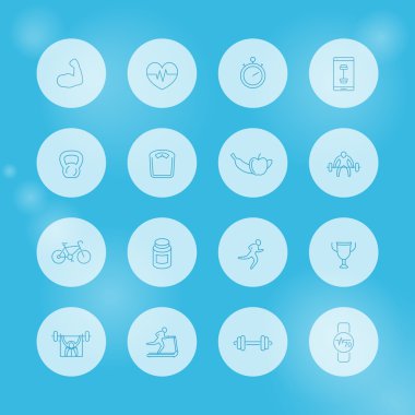 16 fitness, spor salonu satır eğitim, yuvarlak beyaz simgeler