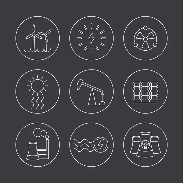 Energía, producción de energía, industria eléctrica, iconos de línea delgada en círculos — Vector de stock