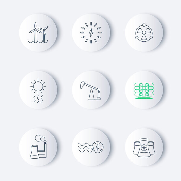 Power, energy production, electric industry, linear round icons