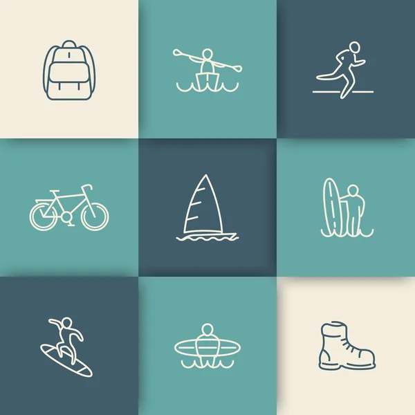 Viagens, aventura, surf, conjunto de ícones lineares —  Vetores de Stock