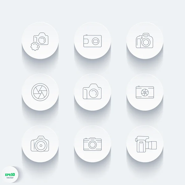 Camera, dslr, middenrif, dunne lijn ronde iconen — Stockvector