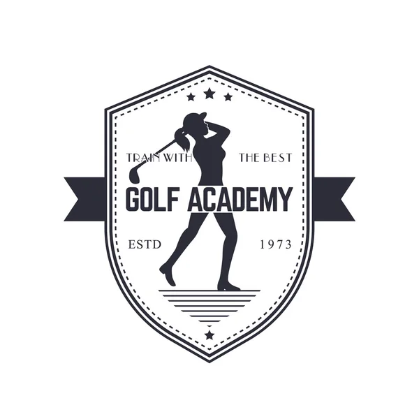 Academia de Golfe emblema vintage com jogador de golfe feminino balançando clube de golfe — Vetor de Stock
