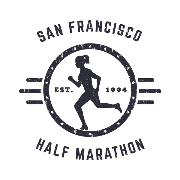 Meia Maratona emblema Vintage, logotipo com menina correndo, grunge texturizado — Vetor de Stock