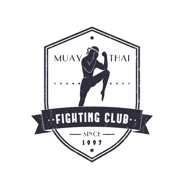Muay Thai Fighting Club vintage emblem, logo, t-shirt design on shield, with grunge texture — Stock Vector