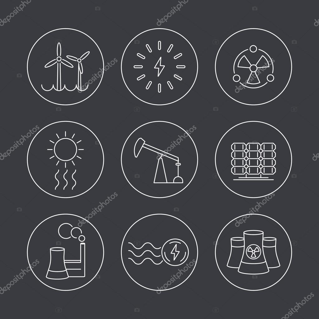 Power, energy production, electric industry, thin line icons in circles, vector illustration, eps10, easy to edit