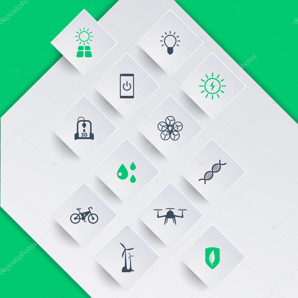 Green ecologic new technologies, icons on square shapes