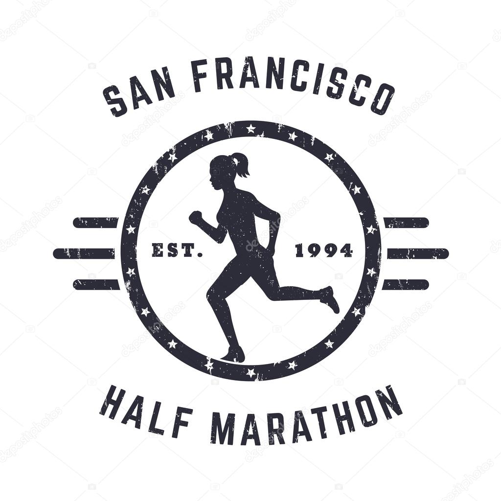 Half Marathon Vintage emblem, logo with running girl, grunge textured, vector illustration, eps10, easy to edit