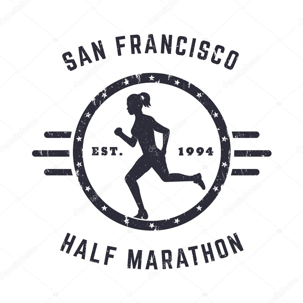 Half Marathon Vintage emblem, logo with running girl, grunge textured