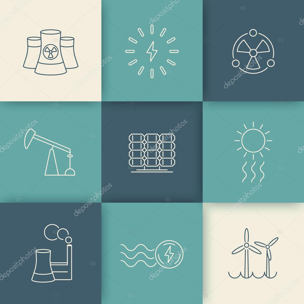 Power, energy production, electric industry, line icons on geometric background, vector illustration, eps10, easy to edit
