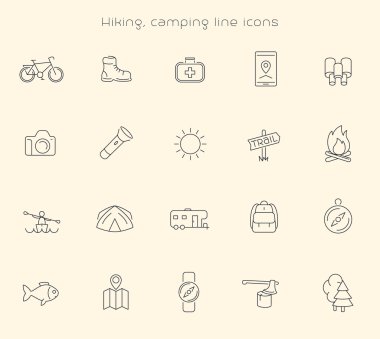 Hiking, Camping, Trekking, Adventure thin line icons